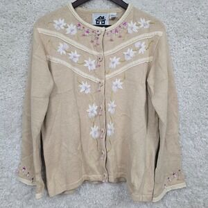 Storybook Knits Womens Floral Embroidered Cardigan Sweater Size M Cottage Granny